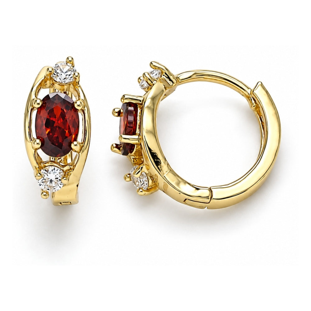 Oro Laminado Huggie Hoop, Gold Filled Style with Garnet and White Cubic Zirconia, Polished, Golden Finish