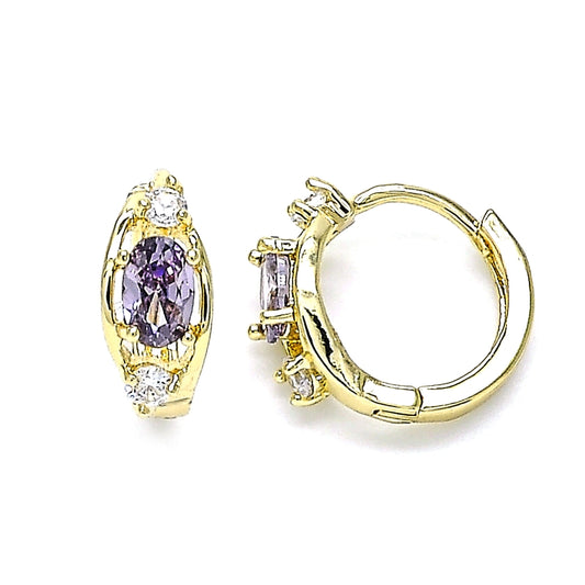Oro Laminado Huggie Hoop, Gold Filled Style with Amethyst and White Cubic Zirconia, Polished, Golden Finish