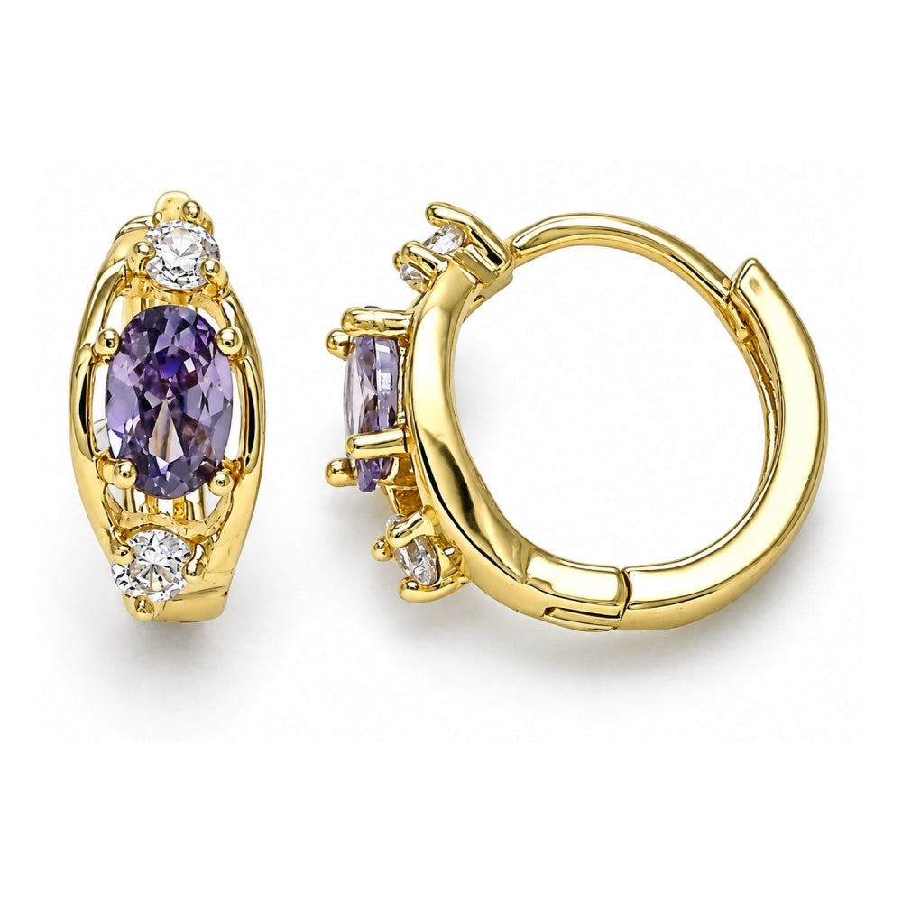 Oro Laminado Huggie Hoop, Gold Filled Style with Amethyst and White Cubic Zirconia, Polished, Golden Finish