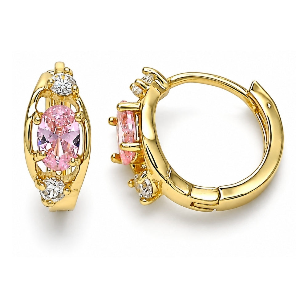 Oro Laminado Huggie Hoop, Gold Filled Style with Pink and White Cubic Zirconia, Polished, Golden Finish