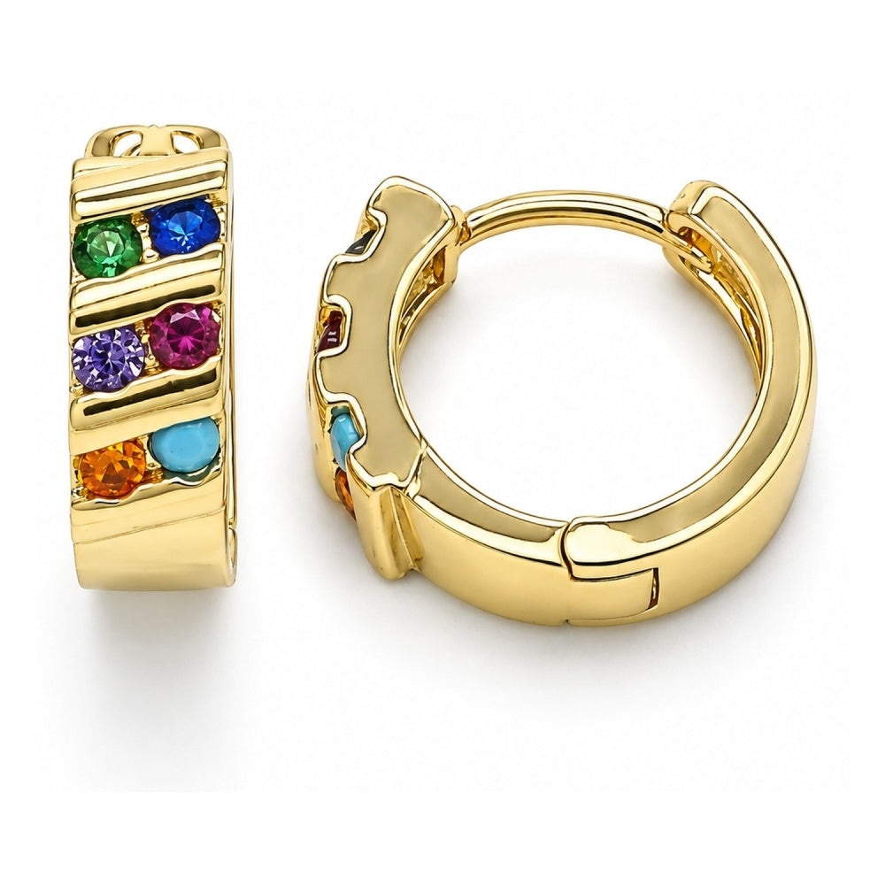 Oro Laminado Huggie Hoop, Gold Filled Style with Multicolor Cubic Zirconia, Polished, Golden Finish