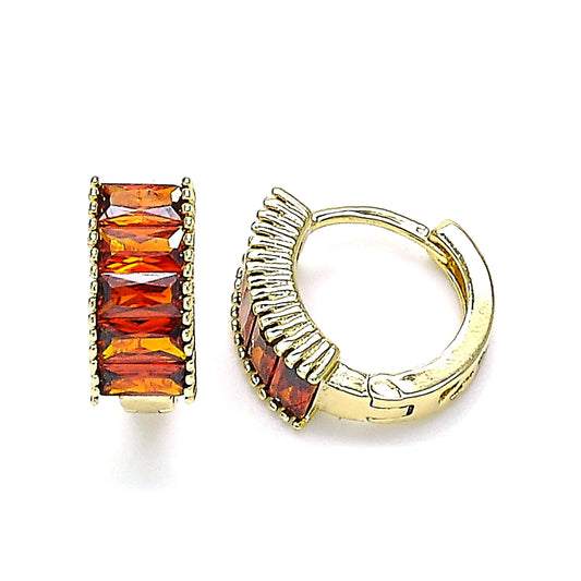 Oro Laminado Huggie Hoop, Gold Filled Style Baguette Design, with Garnet Cubic Zirconia, Polished, Golden Finish
