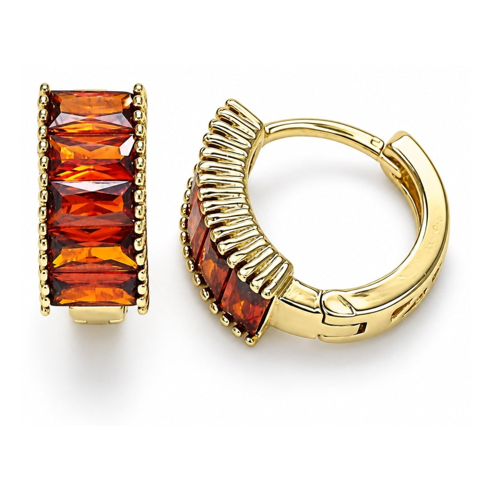 Oro Laminado Huggie Hoop, Gold Filled Style Baguette Design, with Garnet Cubic Zirconia, Polished, Golden Finish