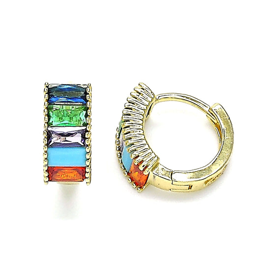 Oro Laminado Huggie Hoop, Gold Filled Style Baguette Design, with Multicolor Cubic Zirconia, Polished, Golden Finish