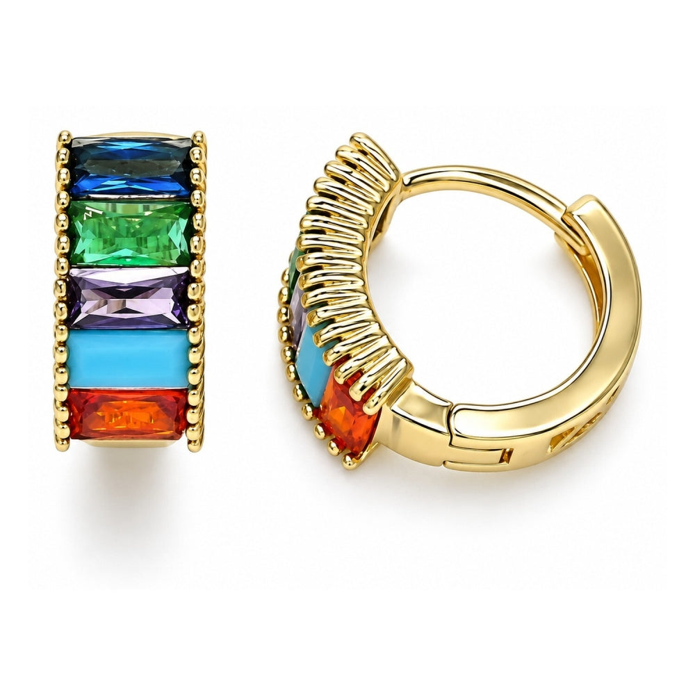 Oro Laminado Huggie Hoop, Gold Filled Style Baguette Design, with Multicolor Cubic Zirconia, Polished, Golden Finish