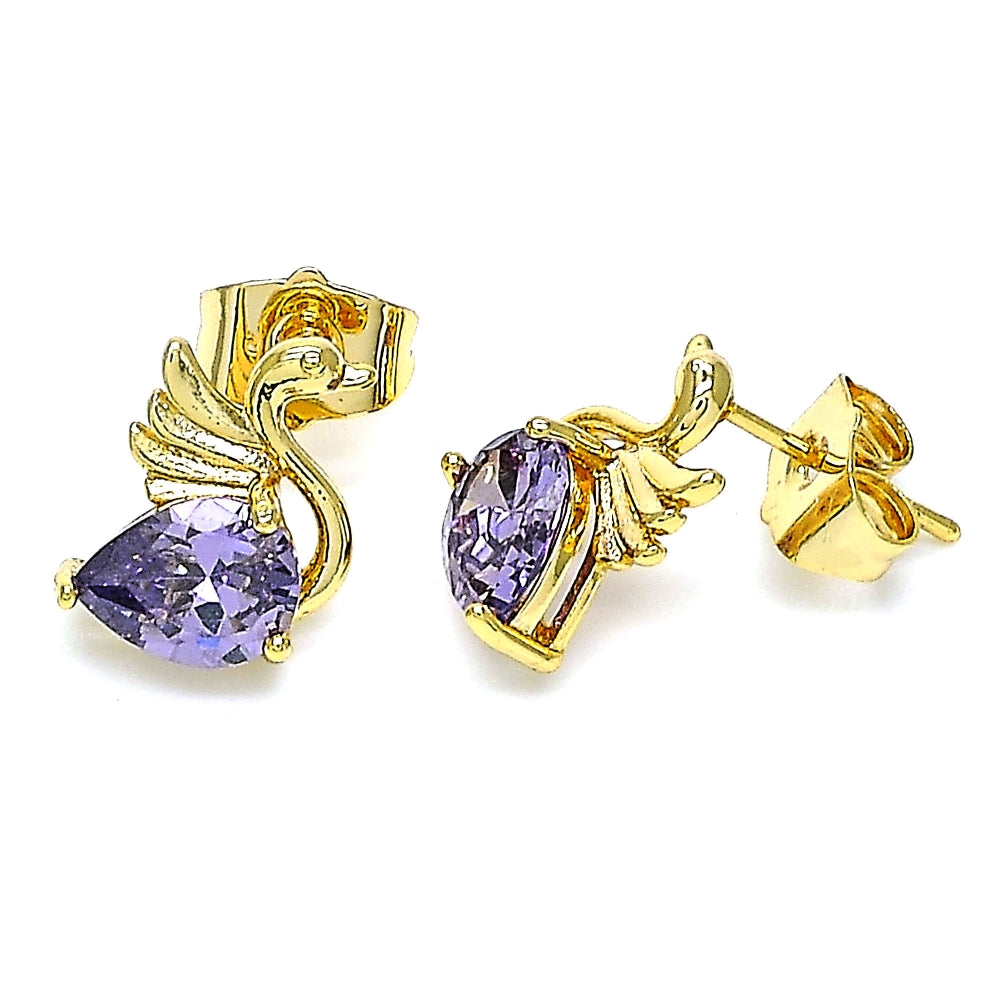 Oro Laminado Stud Earring, Gold Filled Style Swan Design, with Amethyst Cubic Zirconia, Polished, Golden Finish