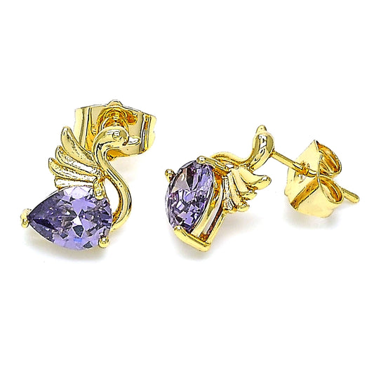 Oro Laminado Stud Earring, Gold Filled Style Swan Design, with Amethyst Cubic Zirconia, Polished, Golden Finish