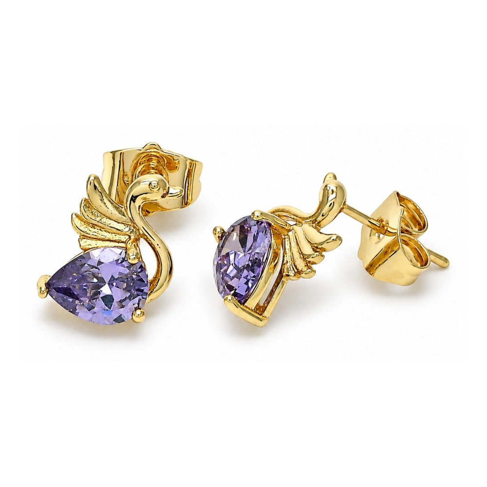 Oro Laminado Stud Earring, Gold Filled Style Swan Design, with Amethyst Cubic Zirconia, Polished, Golden Finish