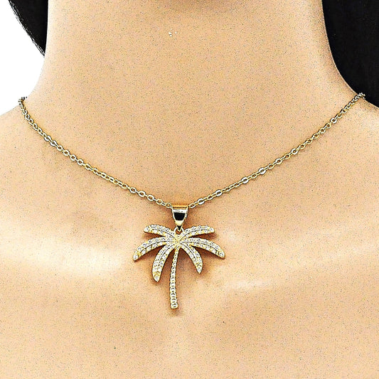 Oro Laminado Fancy Pendant, Gold Filled Style Palm Tree Design, with White Micro Pave, Polished, Golden Finish