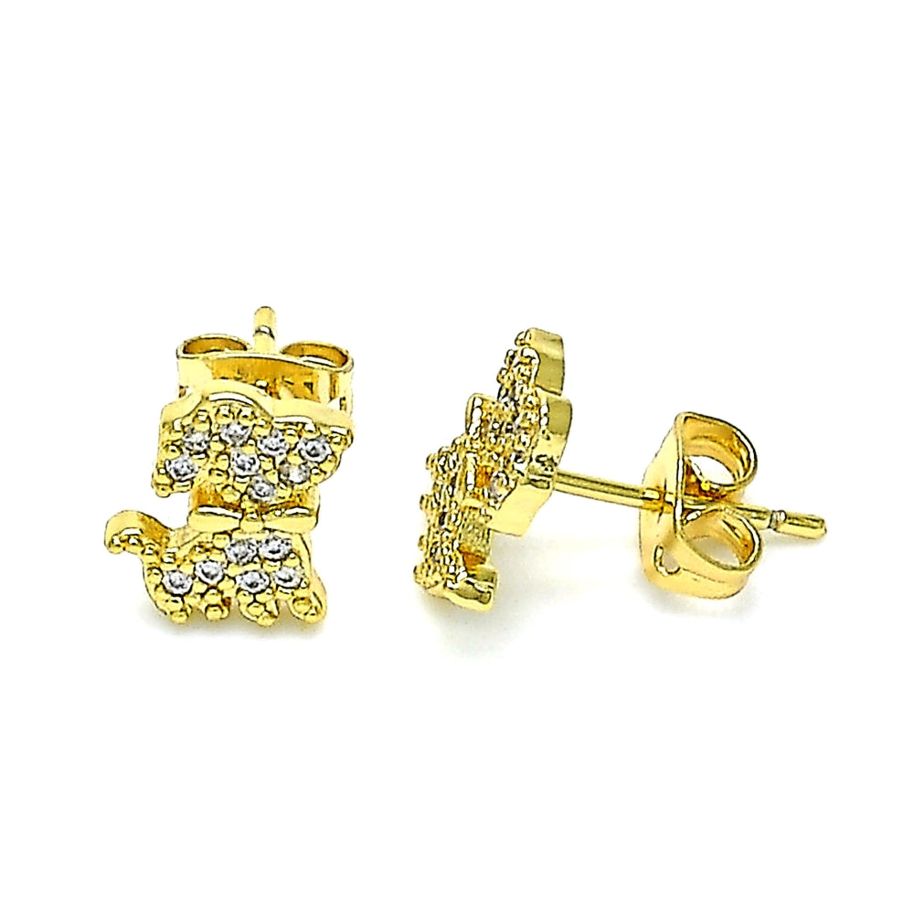 Oro Laminado Stud Earring, Gold Filled Style Dog Design, with White Micro Pave, Polished, Golden Finish