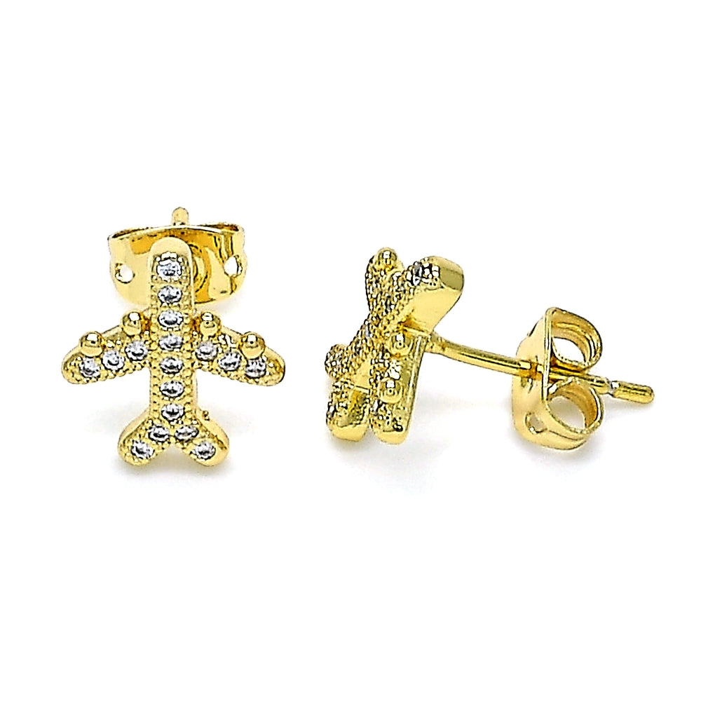 Oro Laminado Stud Earring, Gold Filled Style with White Micro Pave, Polished, Golden Finish