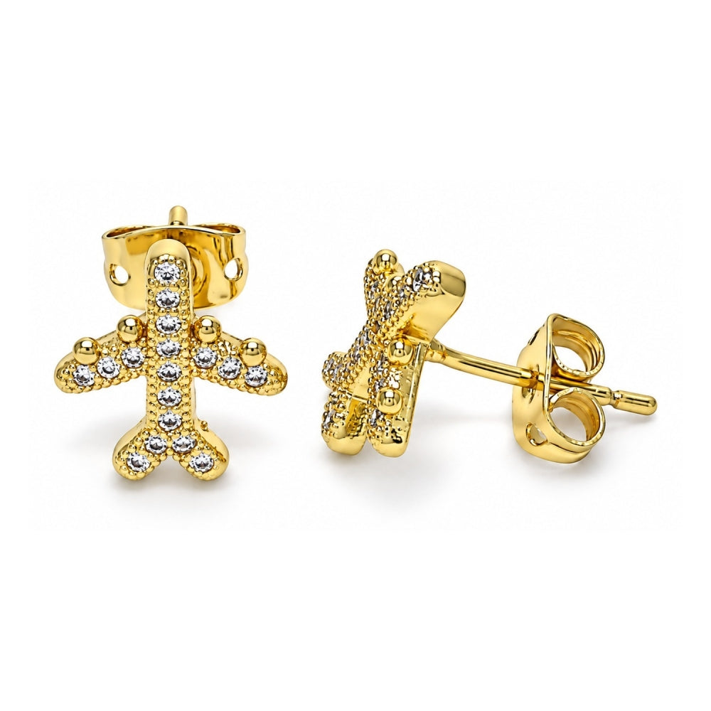 Oro Laminado Stud Earring, Gold Filled Style with White Micro Pave, Polished, Golden Finish