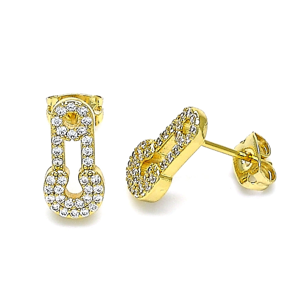 Oro Laminado Stud Earring, Gold Filled Style Paperclip Design, with White Micro Pave, Polished, Golden Finish