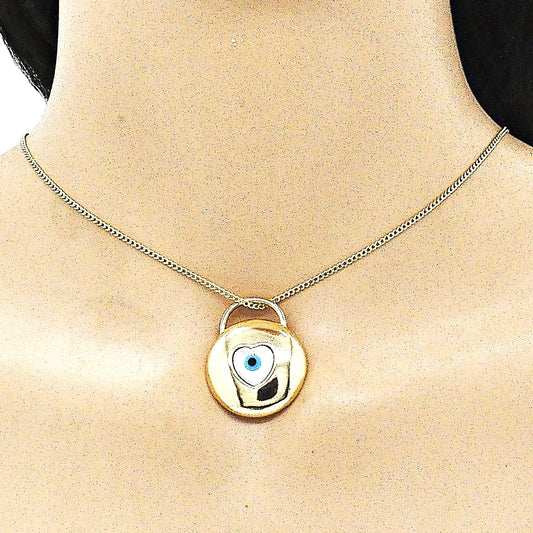 Oro Laminado Pendant Necklace, Gold Filled Style Evil Eye and Heart Design, with White Mother of Pearl, Polished, Golden Finish