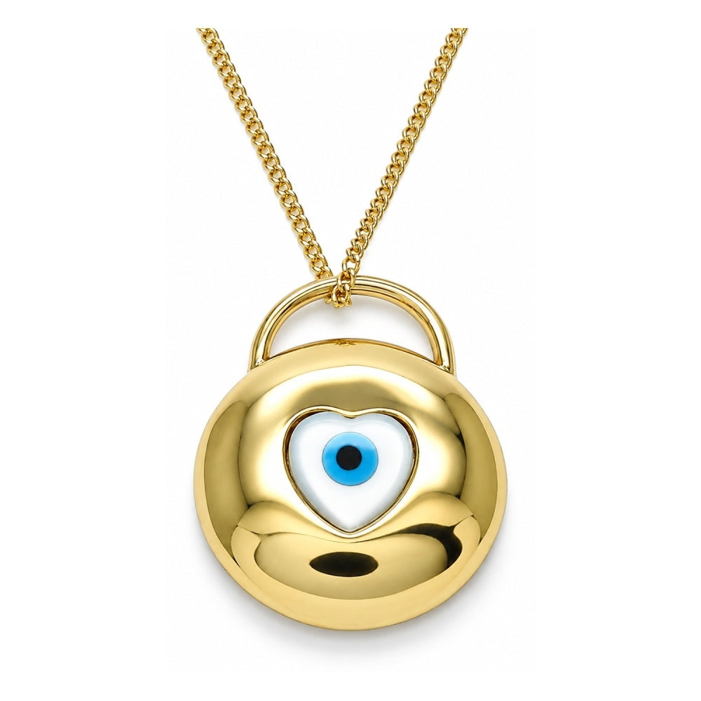 Oro Laminado Pendant Necklace, Gold Filled Style Evil Eye and Heart Design, with White Mother of Pearl, Polished, Golden Finish
