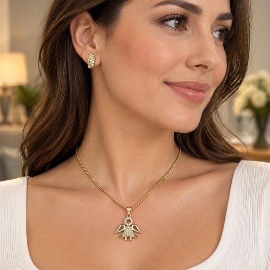 Oro Laminado Earring and Pendant Adult Set, Gold Filled Style Angel Design, with White Micro Pave, Polished, Golden Finish