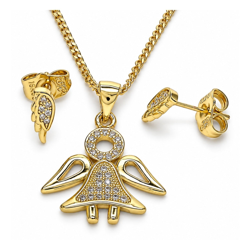 Oro Laminado Earring and Pendant Adult Set, Gold Filled Style Angel Design, with White Micro Pave, Polished, Golden Finish