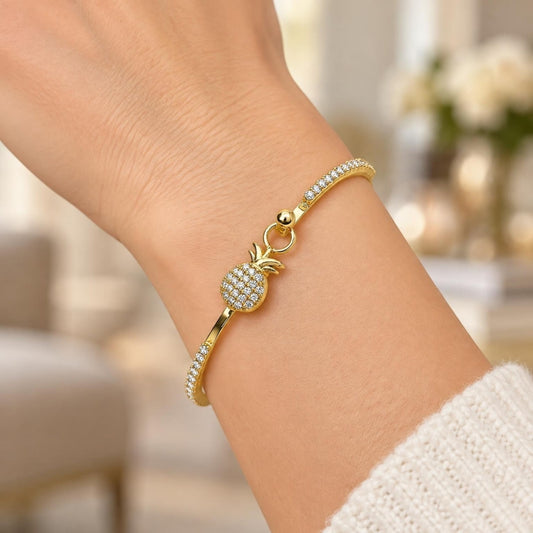 Oro Laminado Individual Bangle, Gold Filled Style Pineapple Design, with White Micro Pave and White Crystal, Polished, Golden Finish