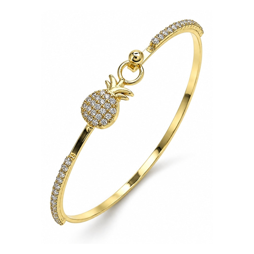 Oro Laminado Individual Bangle, Gold Filled Style Pineapple Design, with White Micro Pave and White Crystal, Polished, Golden Finish