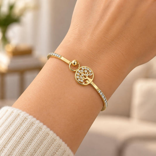 Oro Laminado Individual Bangle, Gold Filled Style Tree Design, with White Micro Pave and White Crystal, Polished, Golden Finish