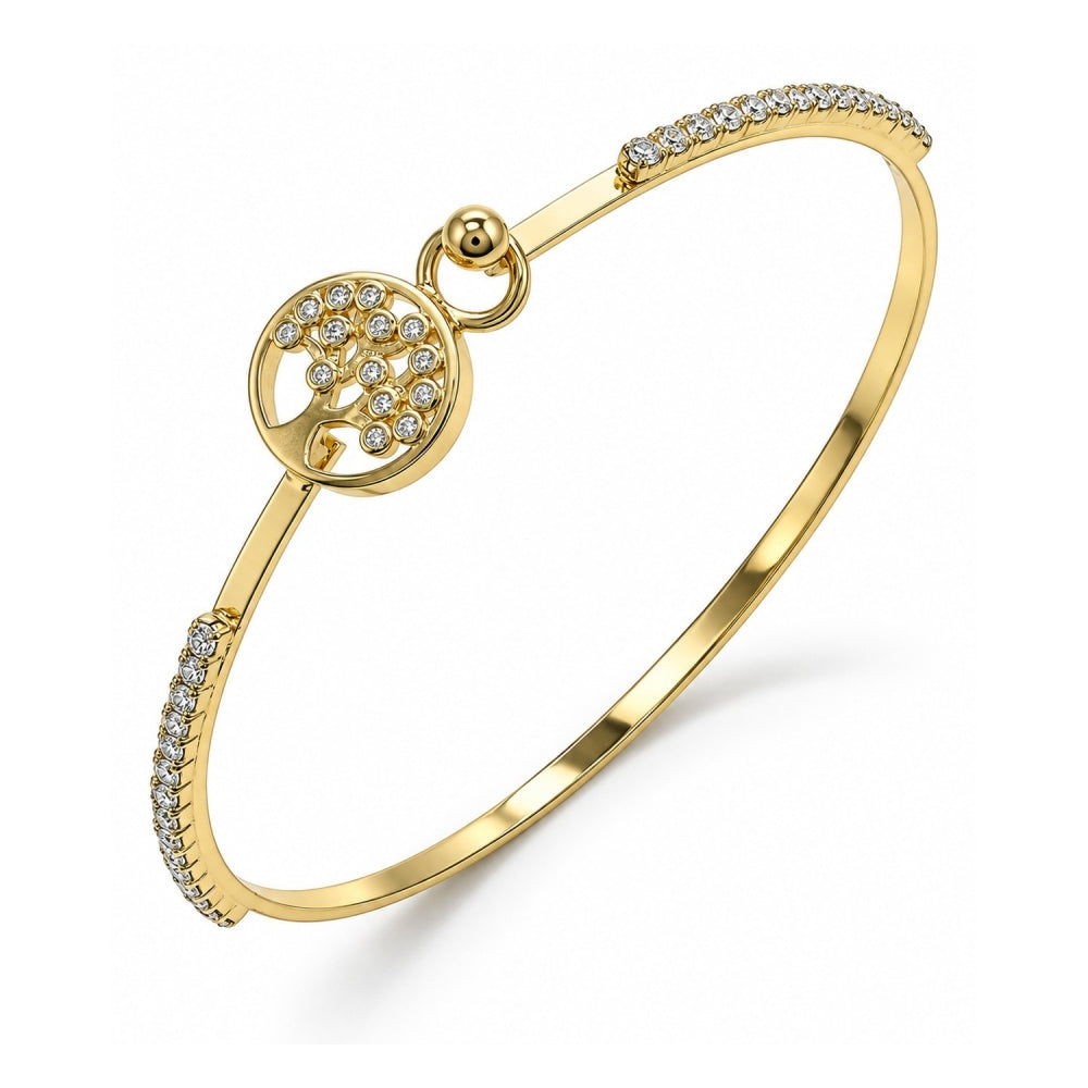 Oro Laminado Individual Bangle, Gold Filled Style Tree Design, with White Micro Pave and White Crystal, Polished, Golden Finish