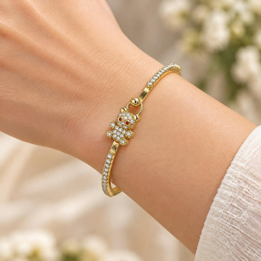 Oro Laminado Individual Bangle, Gold Filled Style Teddy Bear Design, with White and Garnet Micro Pave, Polished, Golden Finish