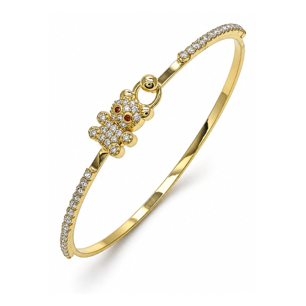 Oro Laminado Individual Bangle, Gold Filled Style Teddy Bear Design, with White and Garnet Micro Pave, Polished, Golden Finish