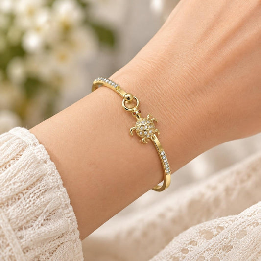 Oro Laminado Individual Bangle, Gold Filled Style Turtle Design, with White and Garnet Micro Pave, Polished, Golden Finish