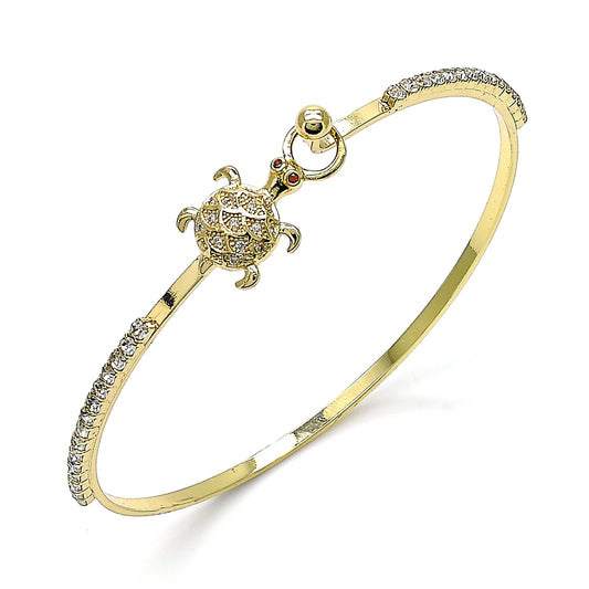 Oro Laminado Individual Bangle, Gold Filled Style Turtle Design, with White and Garnet Micro Pave, Polished, Golden Finish