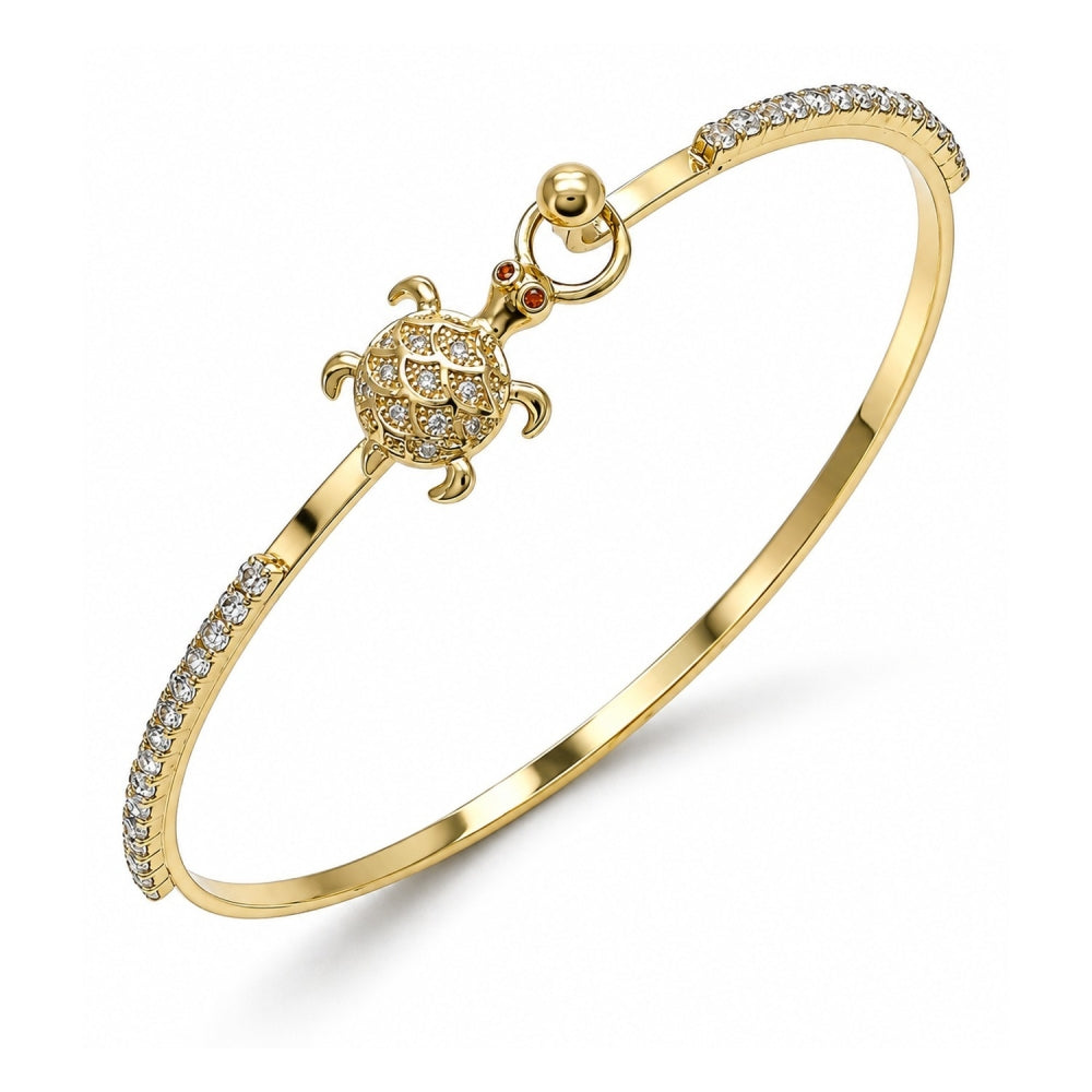 Oro Laminado Individual Bangle, Gold Filled Style Turtle Design, with White and Garnet Micro Pave, Polished, Golden Finish