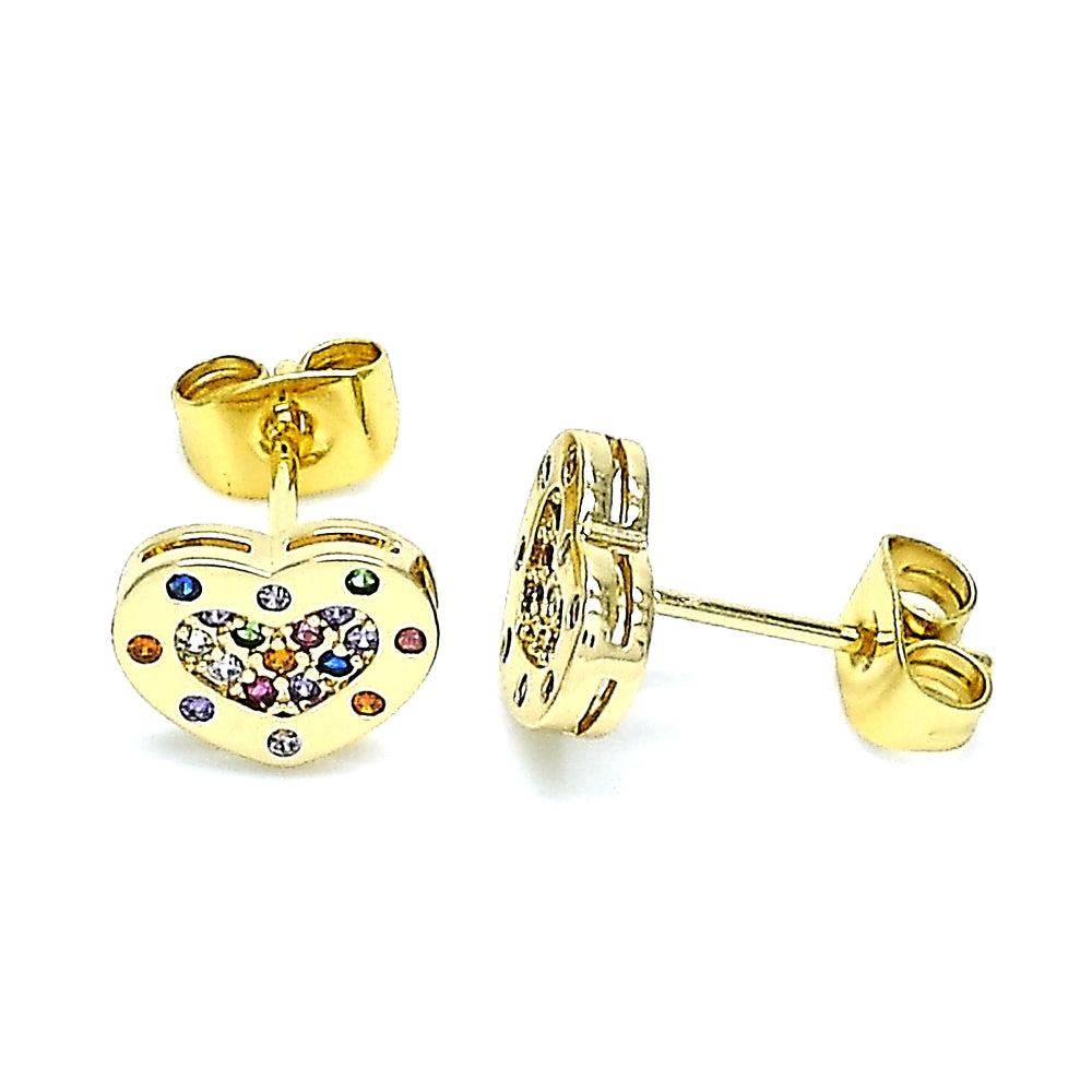 Oro Laminado Stud Earring, Gold Filled Style Heart Design, with Multicolor Micro Pave, Polished, Golden Finish