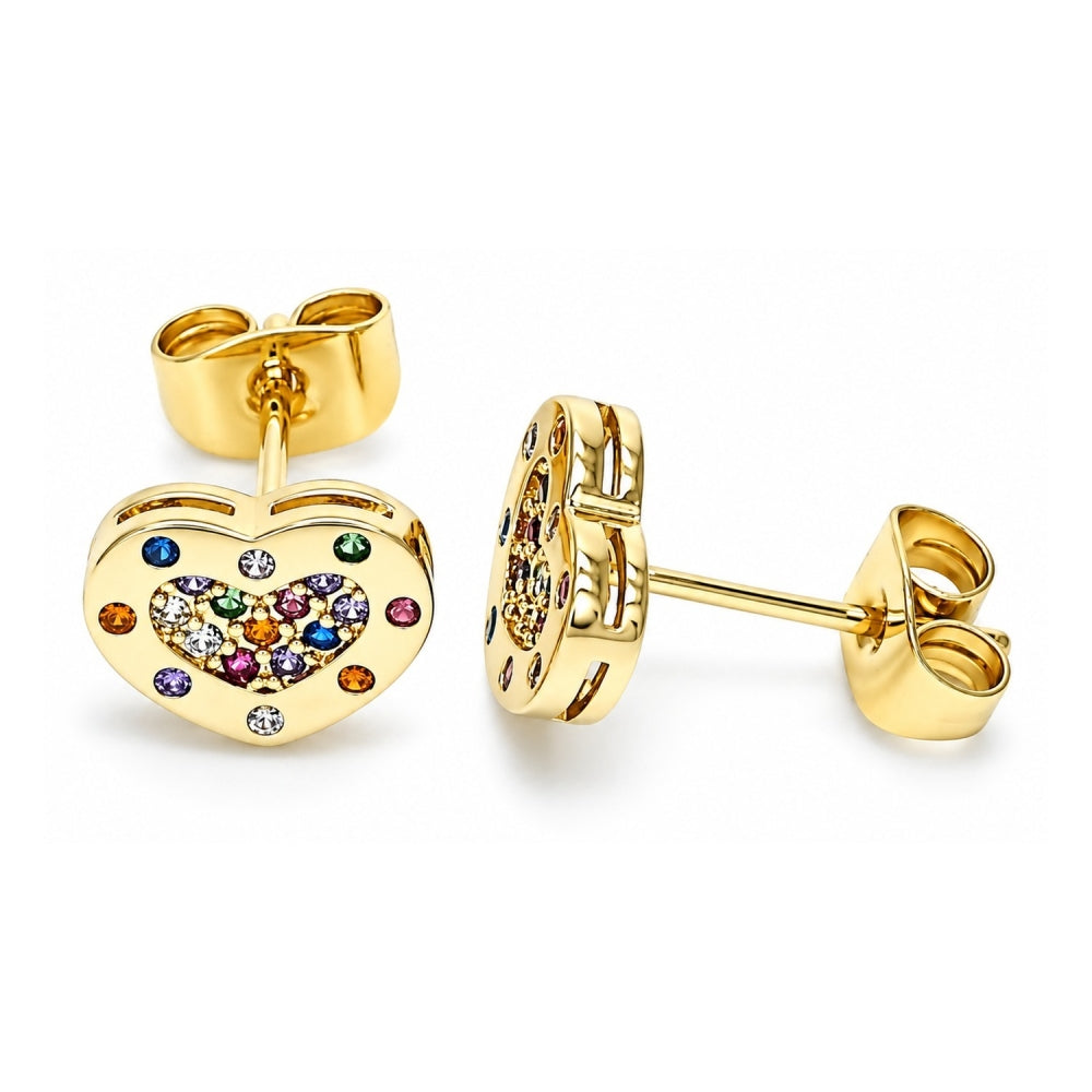 Oro Laminado Stud Earring, Gold Filled Style Heart Design, with Multicolor Micro Pave, Polished, Golden Finish