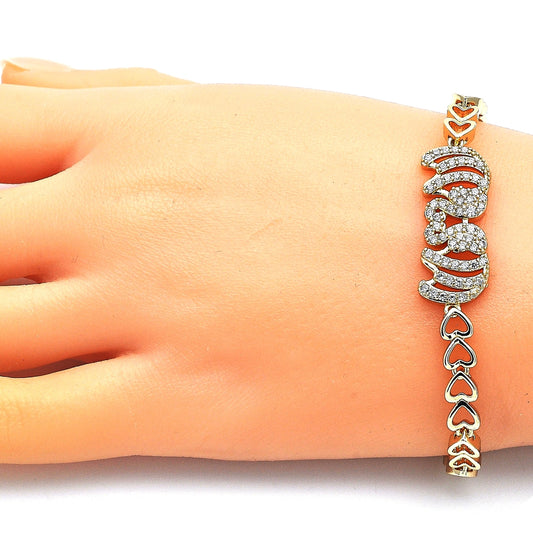 Oro Laminado Fancy Bracelet, Gold Filled Style Elephant and Heart Design, with White Cubic Zirconia, Polished, Golden Finish