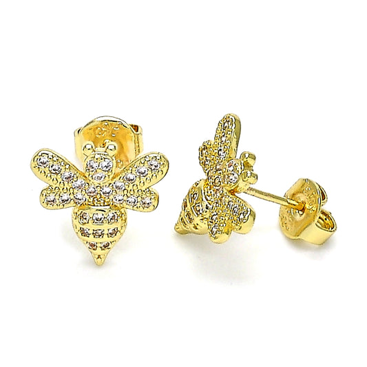 Oro Laminado Stud Earring, Gold Filled Style Bee Design, with White Micro Pave, Polished, Golden Finish