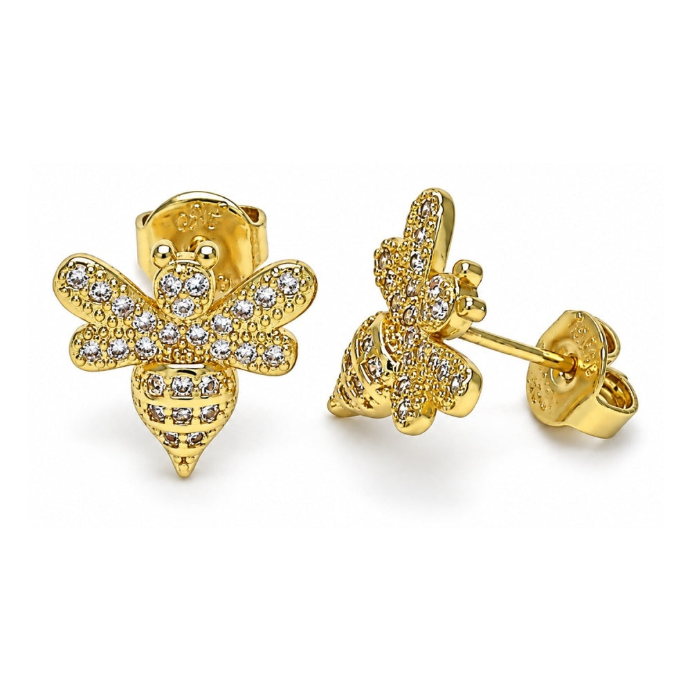 Oro Laminado Stud Earring, Gold Filled Style Bee Design, with White Micro Pave, Polished, Golden Finish