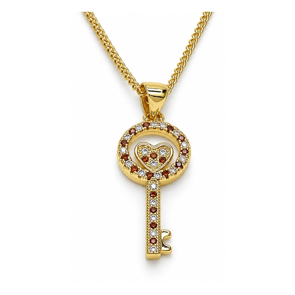 Oro Laminado Pendant Necklace, Gold Filled Style key and Heart Design, with Garnet and White Micro Pave, Polished, Golden Finish