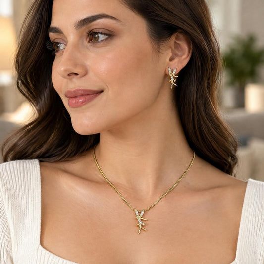 Oro Laminado Earring and Pendant Adult Set, Gold Filled Style Angel Design, with White Micro Pave, Polished, Golden Finish