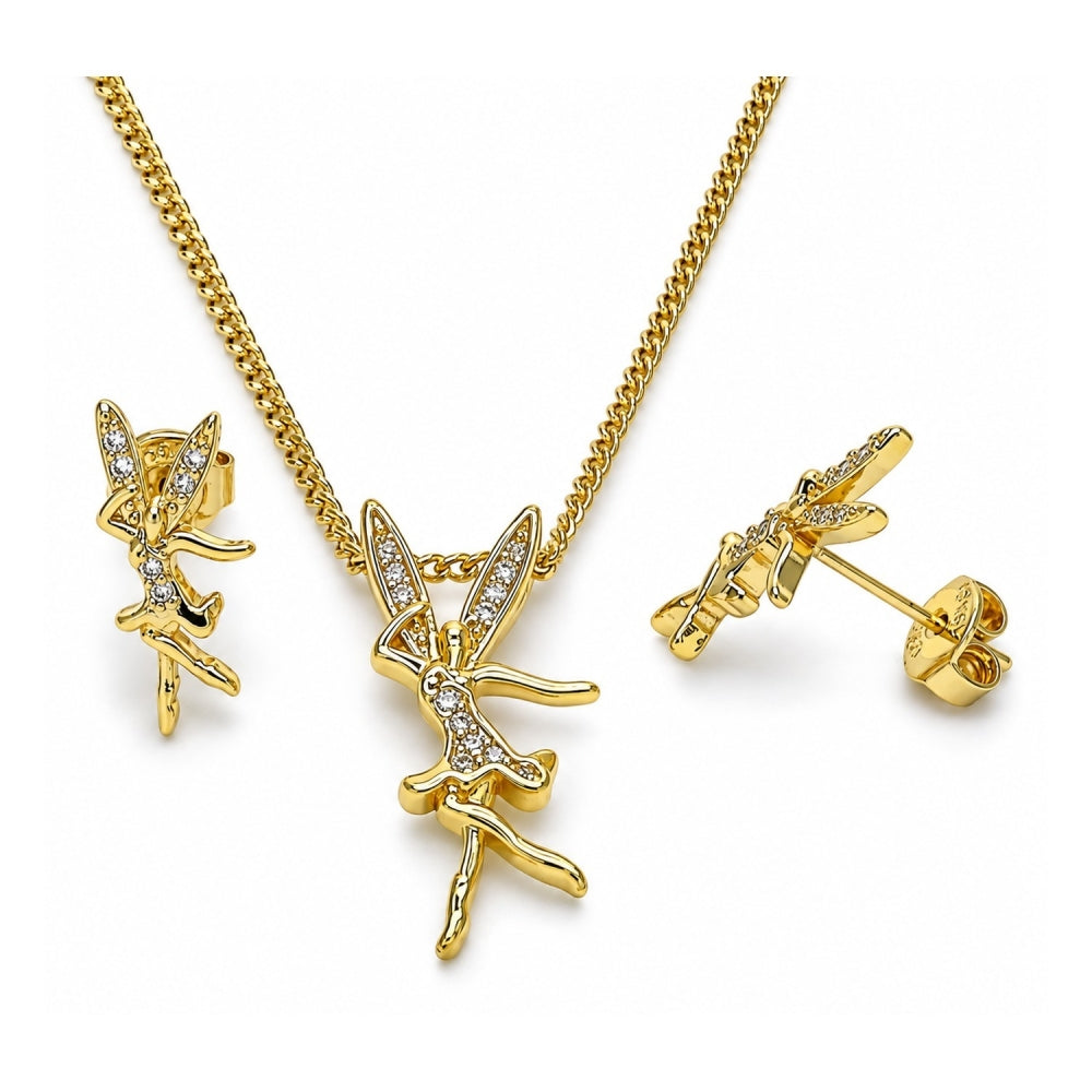 Oro Laminado Earring and Pendant Adult Set, Gold Filled Style Angel Design, with White Micro Pave, Polished, Golden Finish