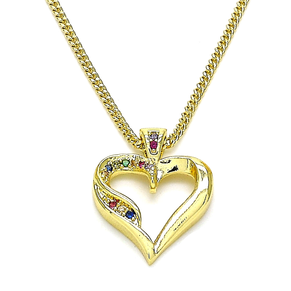 Oro Laminado Pendant Necklace, Gold Filled Style Heart Design, with Multicolor Micro Pave, Polished, Golden Finish