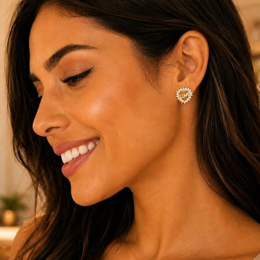 Oro Laminado Stud Earring, Gold Filled Style Heart and Love Design, with White Micro Pave, Polished, Golden Finish
