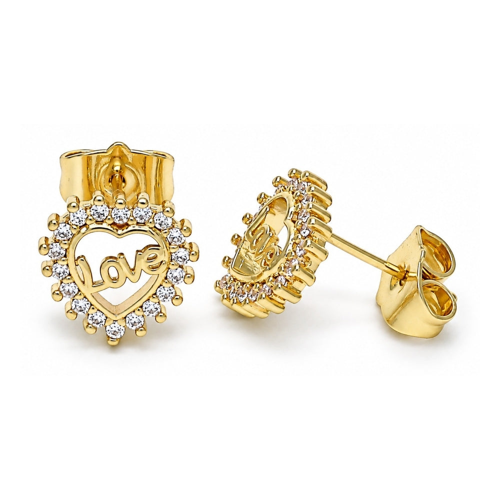 Oro Laminado Stud Earring, Gold Filled Style Heart and Love Design, with White Micro Pave, Polished, Golden Finish