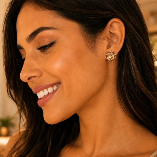 Oro Laminado Stud Earring, Gold Filled Style Heart and Love Design, with Garnet Micro Pave, Polished, Golden Finish
