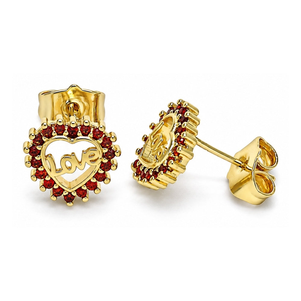 Oro Laminado Stud Earring, Gold Filled Style Heart and Love Design, with Garnet Micro Pave, Polished, Golden Finish