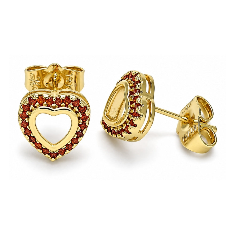 Oro Laminado Stud Earring, Gold Filled Style Heart Design, with Garnet Micro Pave, Polished, Golden Finish