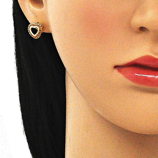 Oro Laminado Earring and Pendant Adult Set, Gold Filled Style Heart Design, with Garnet Micro Pave, Polished, Golden Finish