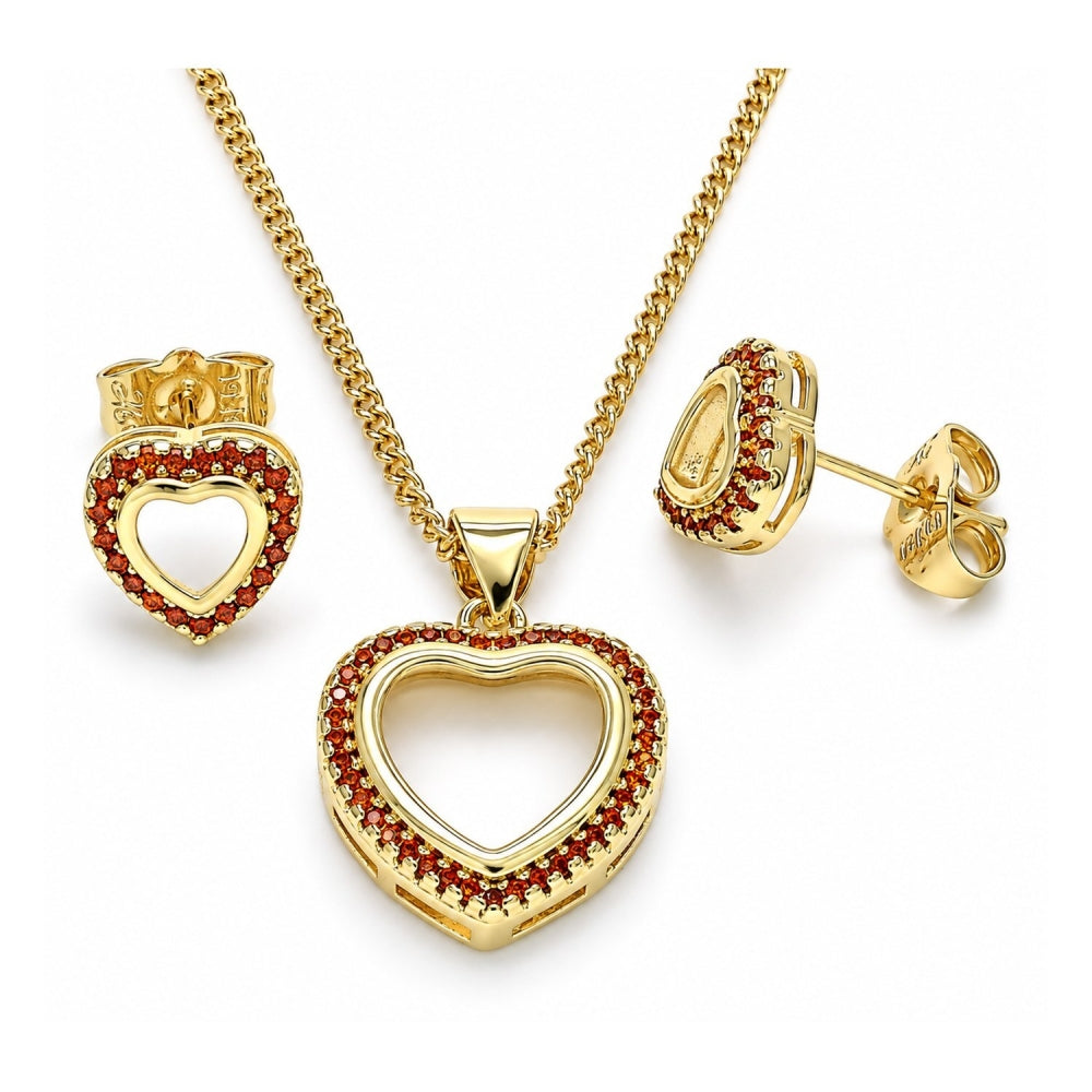 Oro Laminado Earring and Pendant Adult Set, Gold Filled Style Heart Design, with Garnet Micro Pave, Polished, Golden Finish