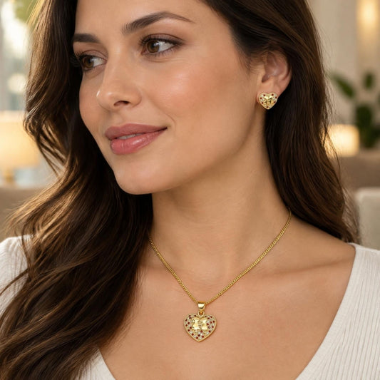 Oro Laminado Earring and Pendant Adult Set, Gold Filled Style Heart Design, with Garnet and White Micro Pave, Polished, Golden Finish