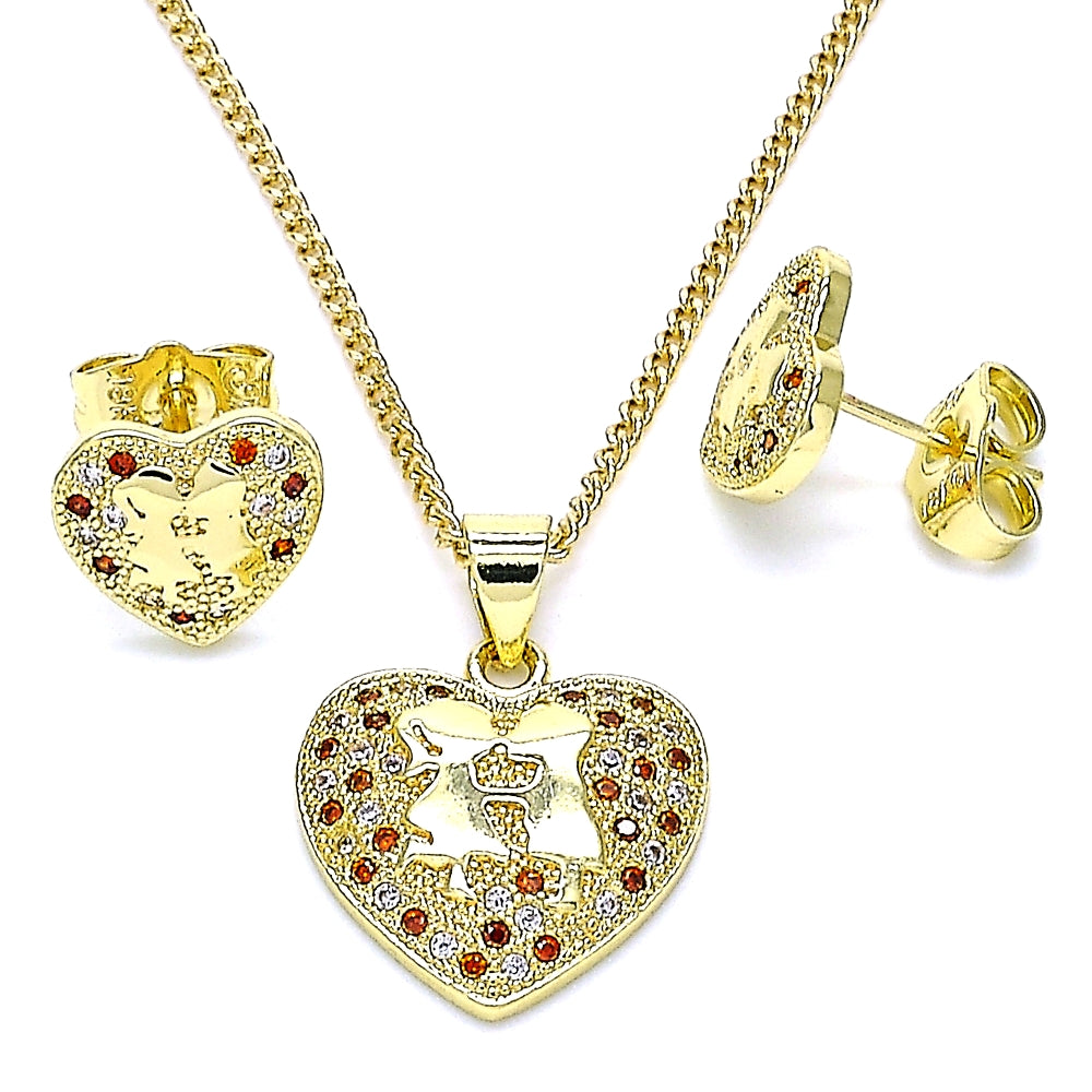 Oro Laminado Earring and Pendant Adult Set, Gold Filled Style Heart Design, with Garnet and White Micro Pave, Polished, Golden Finish
