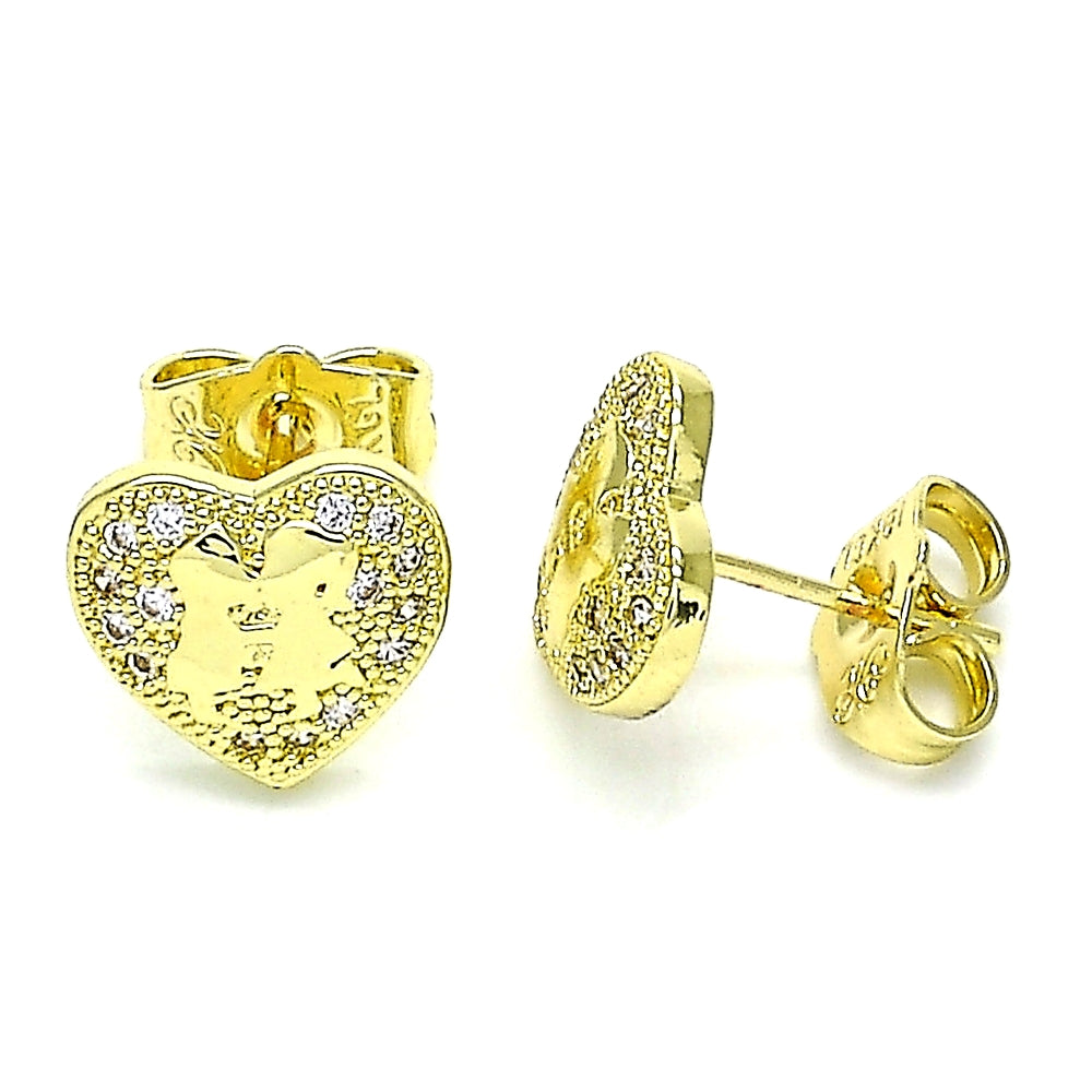Oro Laminado Stud Earring, Gold Filled Style Heart Design, with White Micro Pave, Polished, Golden Finish