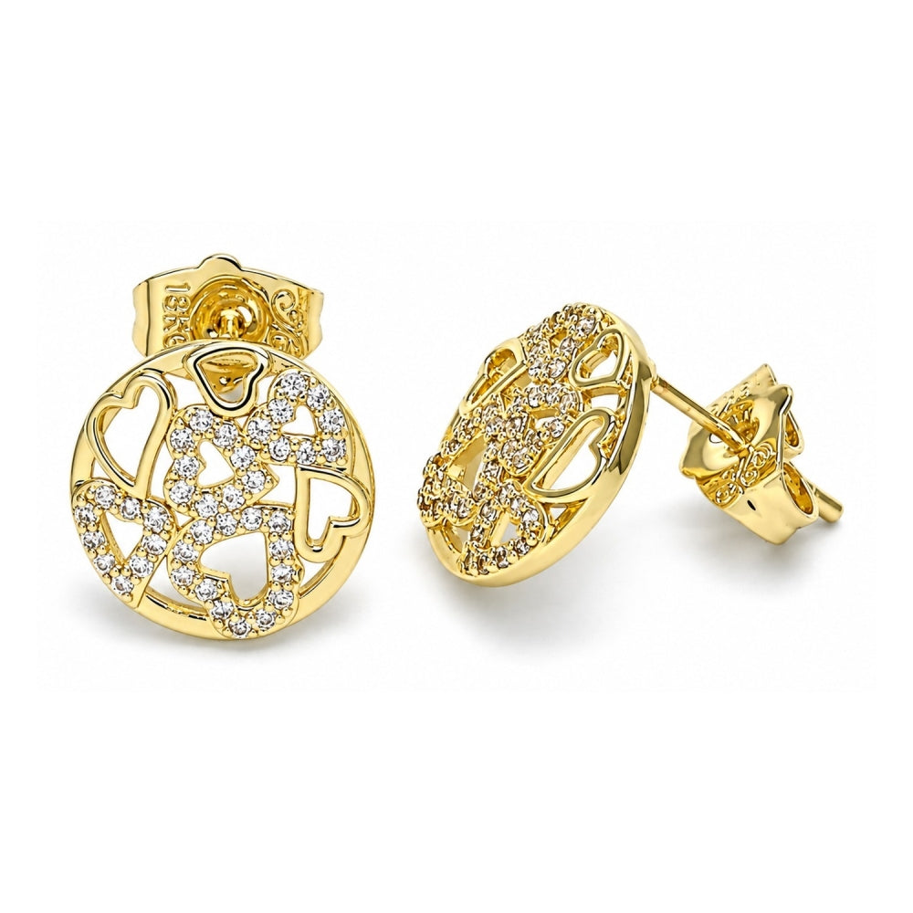Oro Laminado Stud Earring, Gold Filled Style Heart Design, with White Micro Pave, Polished, Golden Finish